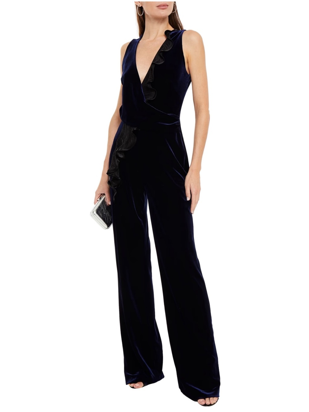 Galvan London Velvet Wrap-effect Pleated Jumpsuit In Navy Size 10